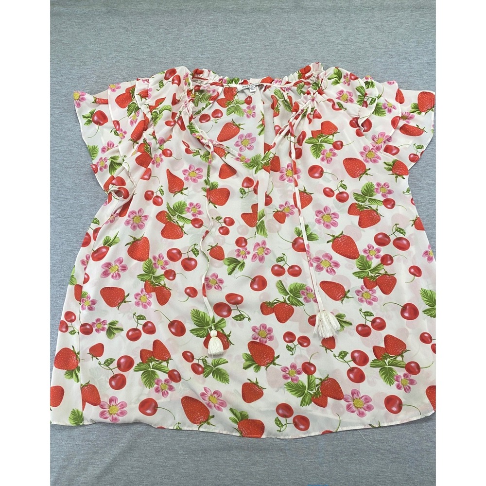 Rose + Olive Blouse Womens 2X White Strawberry Cherry Fruit Print Ruffle Sleeve